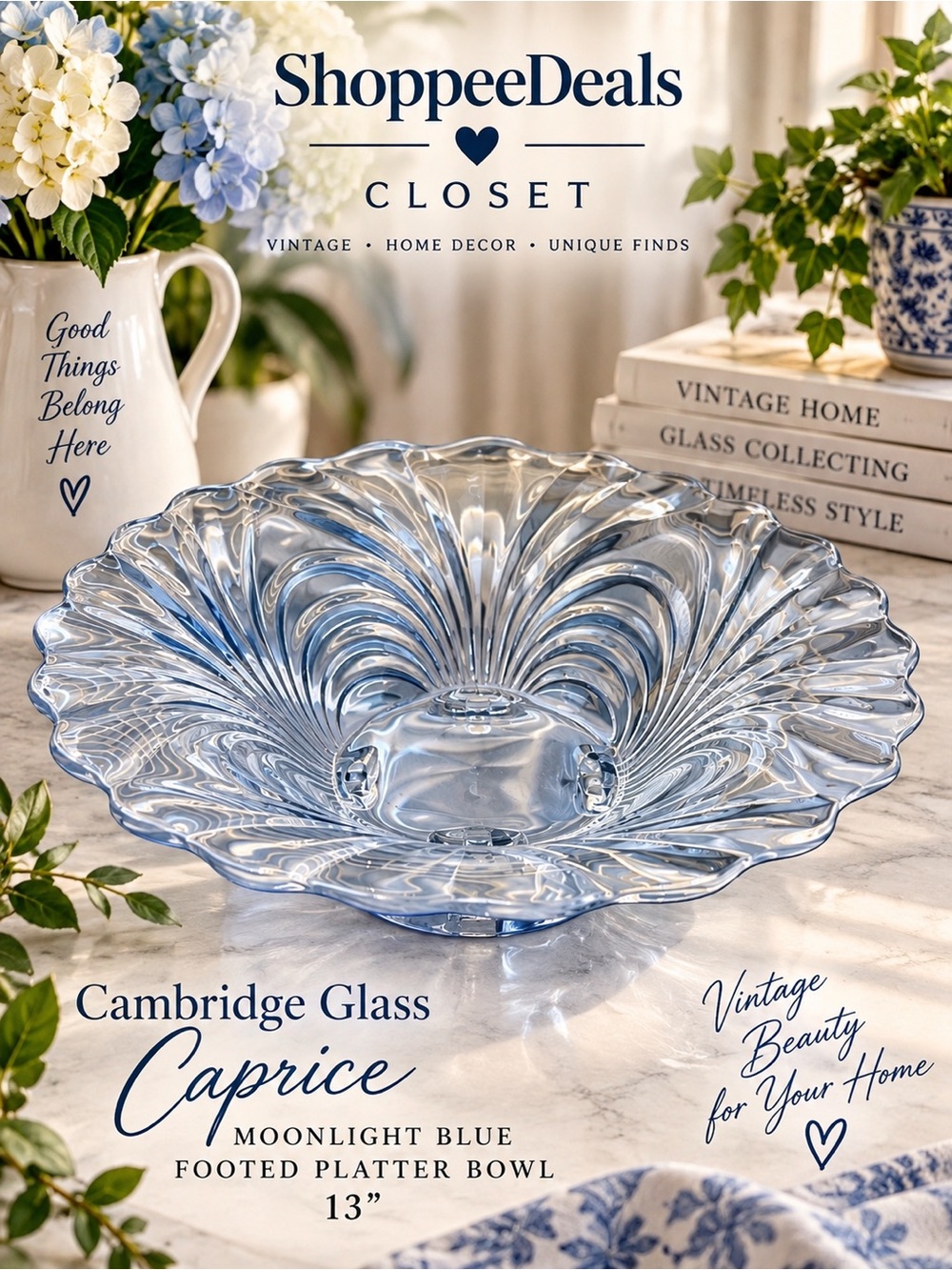 Vintage Cambridge Glass Caprice Moonlight Blue Footed Platter Bowl 13”